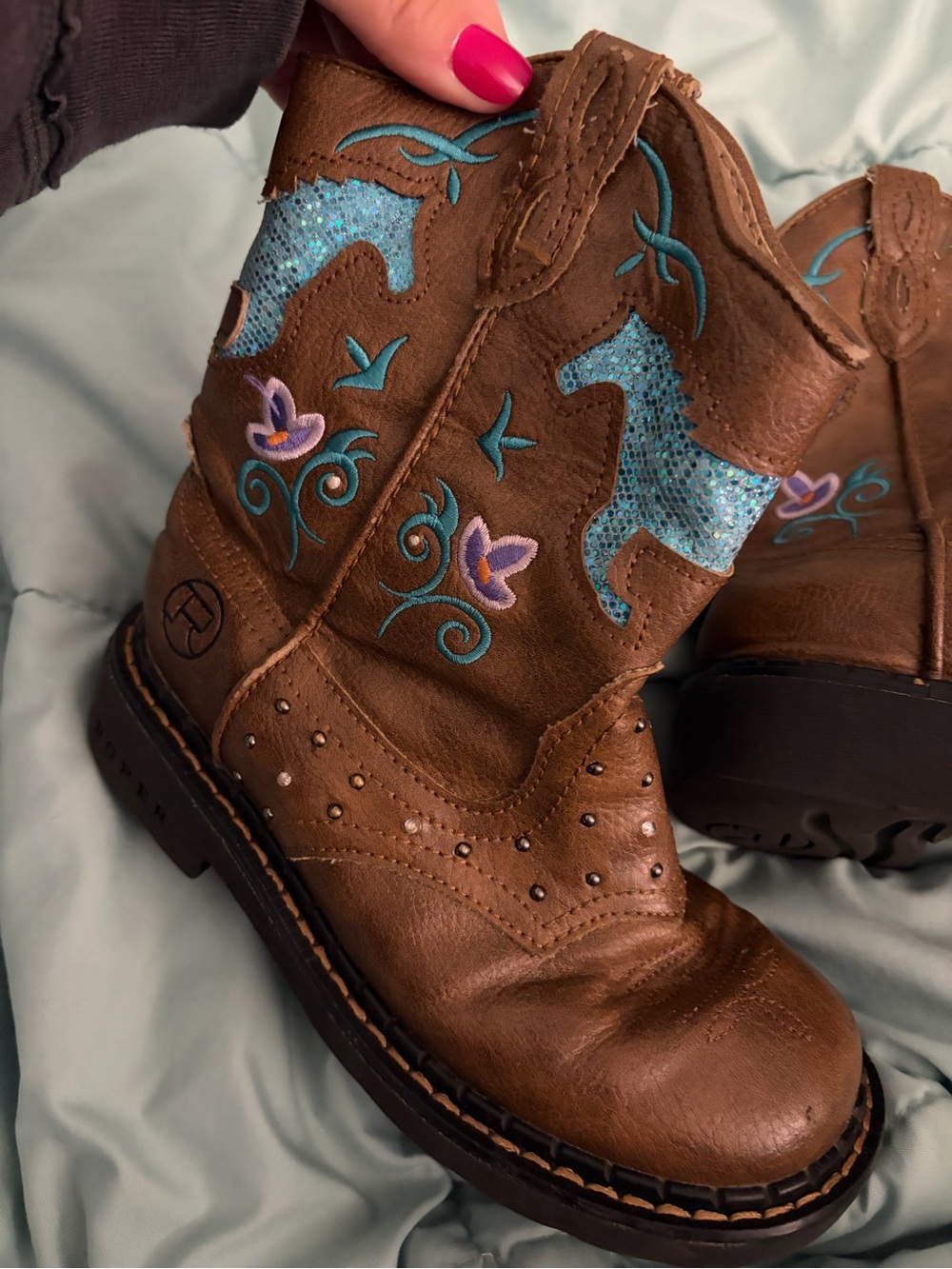 Light up Roper Girls' Brown Embroidered Western Boots with Turquoise Accents
